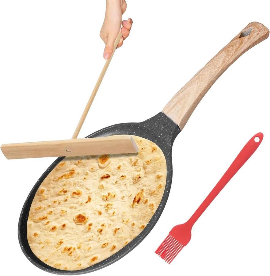 Pannenkoekenpan Crêpepan plat Lekkere pannenkoeken bakken Inclusief deegverdeler 20 cm Zwart