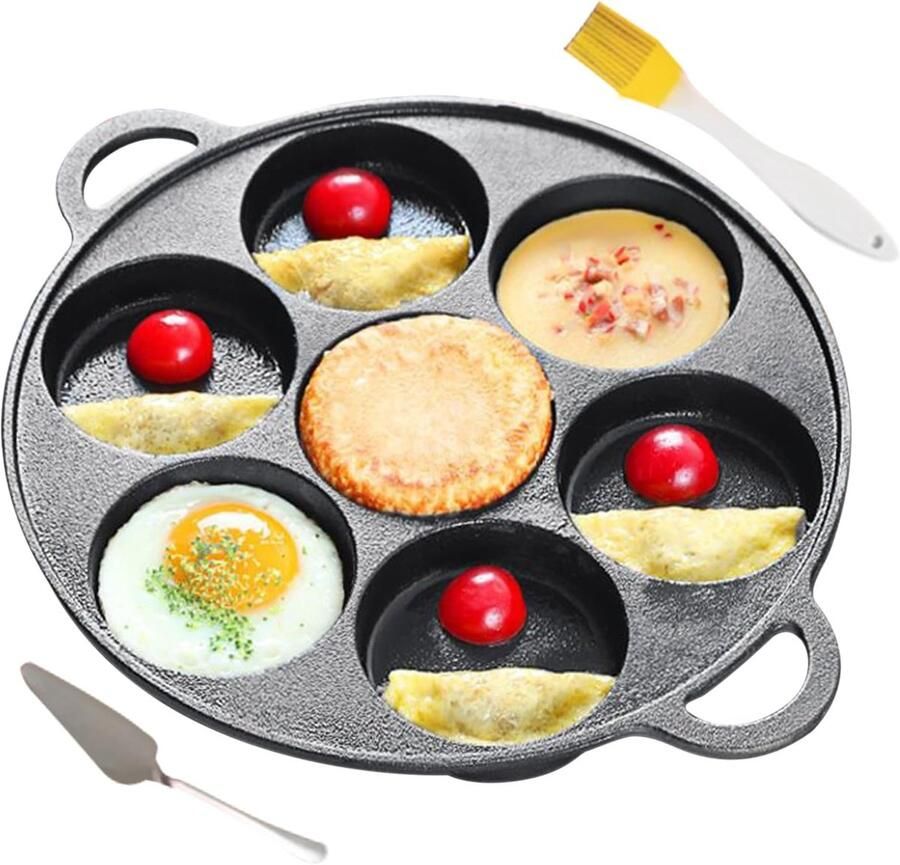 Gietijzeren Pannenkoekenpan Bakplaat 7 Gat Ontbijt Bakken Inclusief Spatel Borstel 29.5 cm Breed Zwart