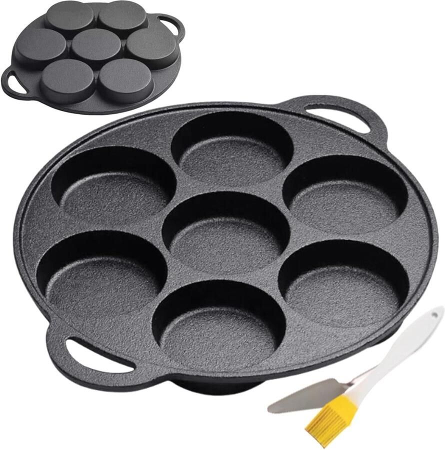 Gietijzeren Pannenkoekenpan 7-Gats Pan Ontbijt Maken Inclusief Spatel Borstel 30 cm Diameter Zwart