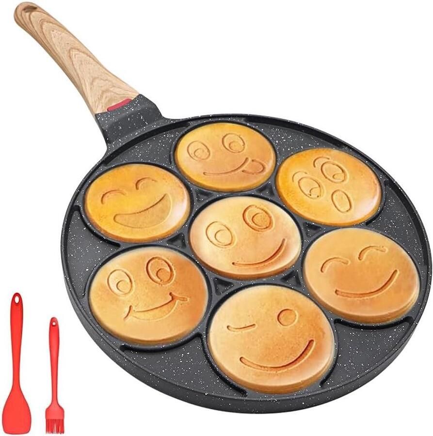 Pannenkoekenpan Kinderen Mini Maker Ontbijt Maken 7 Smiley Gaten 10 Inch Zwart
