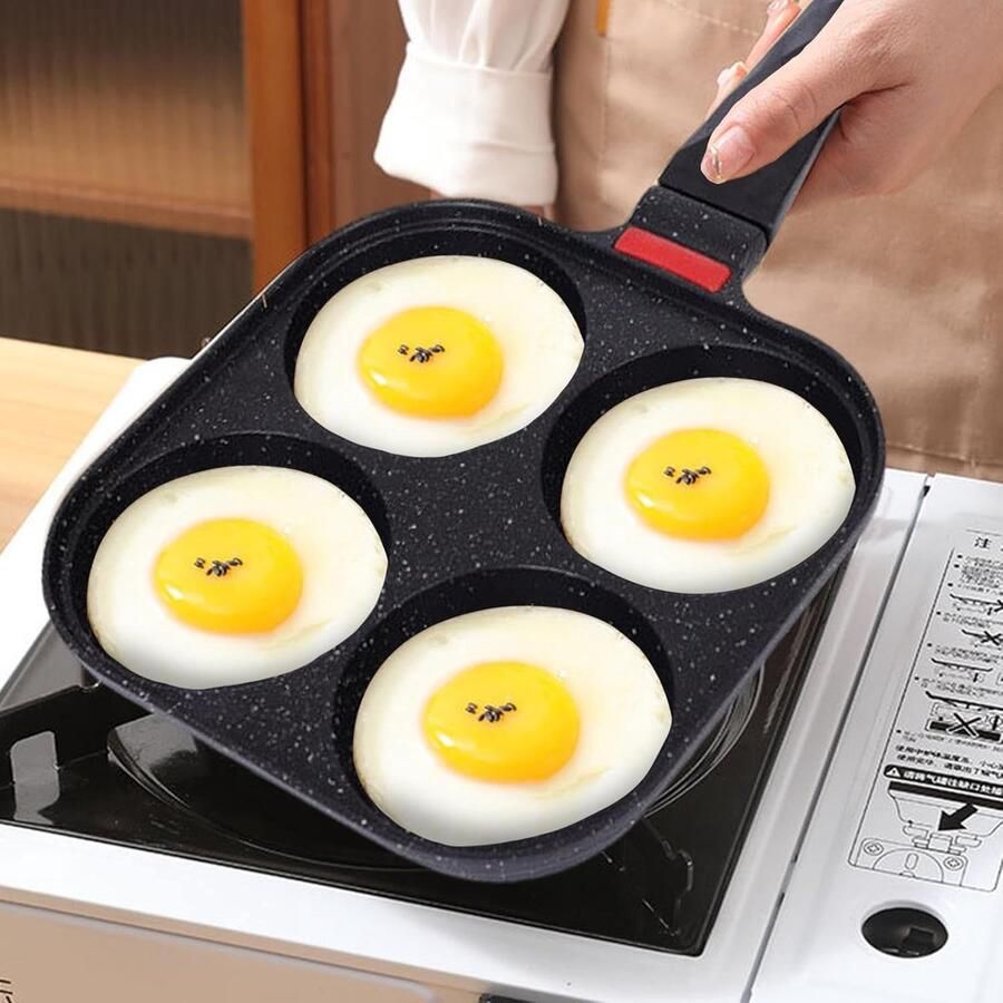 Pannenkoekenpan met 4 gaten Eierkoekenpan Ontbijt maken Temperatuurindicator 37cm lang Zwart