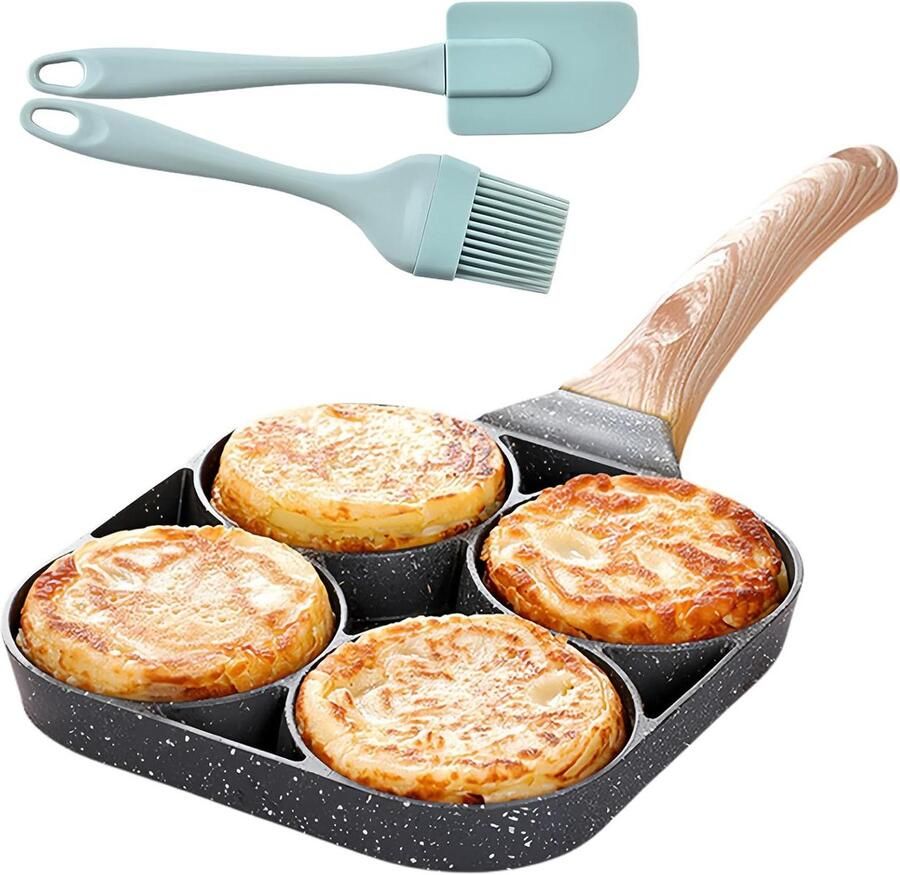 Pannenkoekenpan met 4 gaten Eierpan Omeletpan Ontbijt Koken Antiaanbaklaag 18x18 cm Zwart