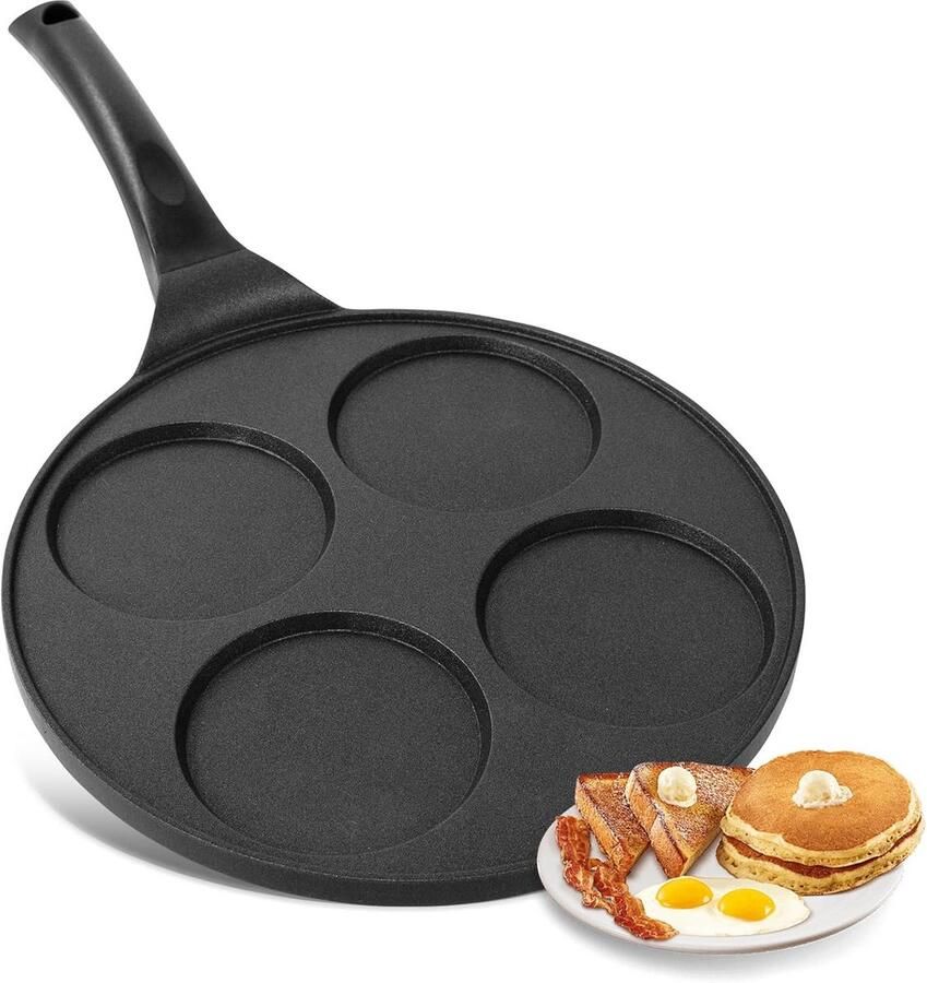 Pannenkoekenpan met 4 Gaten – Geschikt voor Poffertjes Spiegelei en Eieren – Ø 26 cm – Alle Warmtebronnen Inclusief Inductie