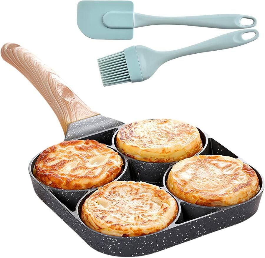 Pannenkoekenpan met 4 gaten met antiaanbaklaag eierpan met siliconen borstel voor ontbijt spiegelei hamburger voor inductiekookplaat en gasfornuis