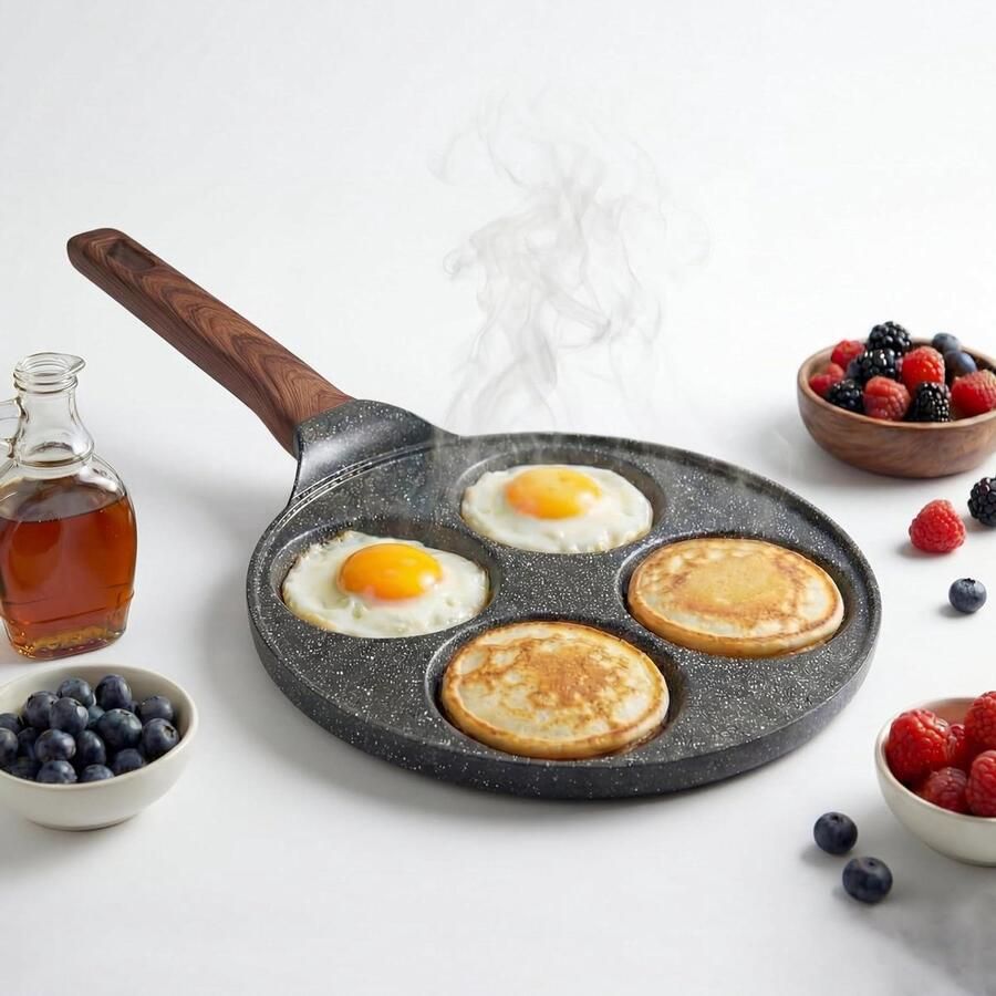 Pannenkoekenpan met 4 gaten Mini omelet maker Snel ontbijt maken Antiaanbaklaag inductie 4 mini porties Zwart