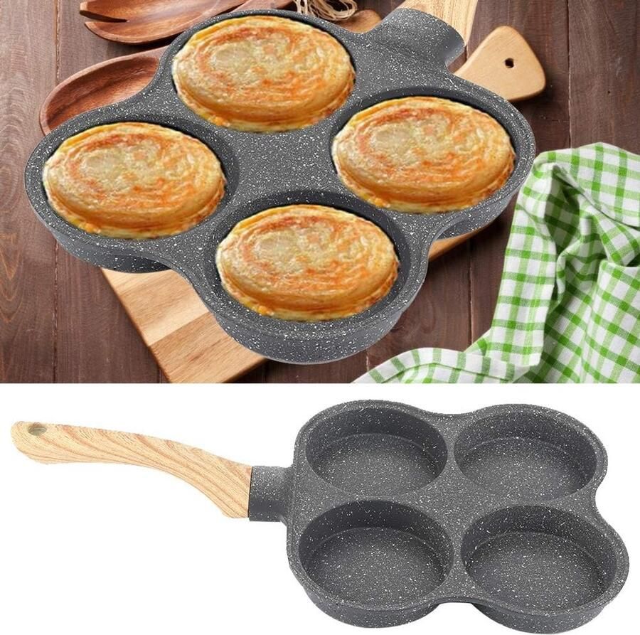 Pannenkoekenpan met 4 Gaten Omelet Pan Ontbijt Pan Ontbijt Maken Non-stick Coating 36.5x19.5x2.5cm Default