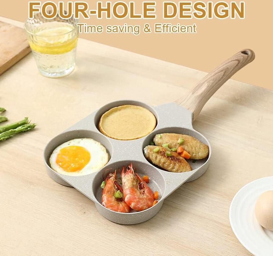 Pannenkoekenpan met 4 Gaten Ontbijtpan Koekenpan Snel Ontbijten Antiaanbak Medische Steen 9 cm per gat Wit