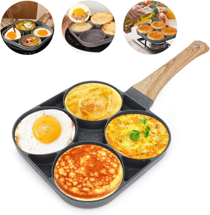 Pannenkoekenpan met 4 gaten spiegeleipan eierpan multifunctionele anti-aanbaklaag aluminium braadpan omeletpan oogpan voor inductiekookplaat en gasfornuis
