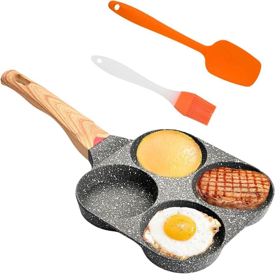 Pannenkoekenpan met 4 gaten Spiegeleipan Omeletpan Ontbijt Bereiden Antiaanbaklaag 21 Centimeter Zwart