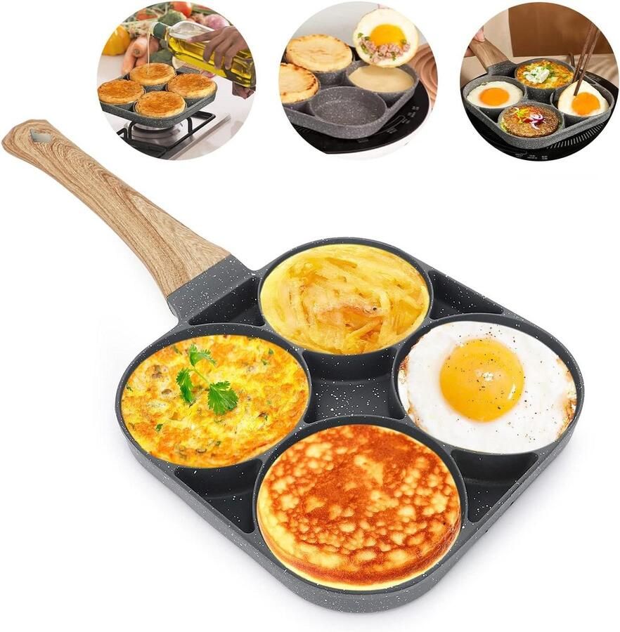 Pannenkoekenpan 4 Gaten Spiegeleierpan Omeletpan Ontbijt Bereiden Antiaanbaklaag Aluminium 18 x 18 cm Zwart