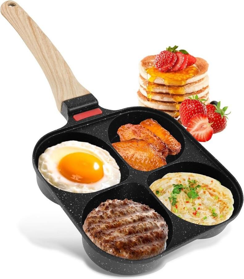 Pannenkoekenpan met 4 Gaten voor Eieren en Pannenkoekjes Geschikt voor Inductie en Gas