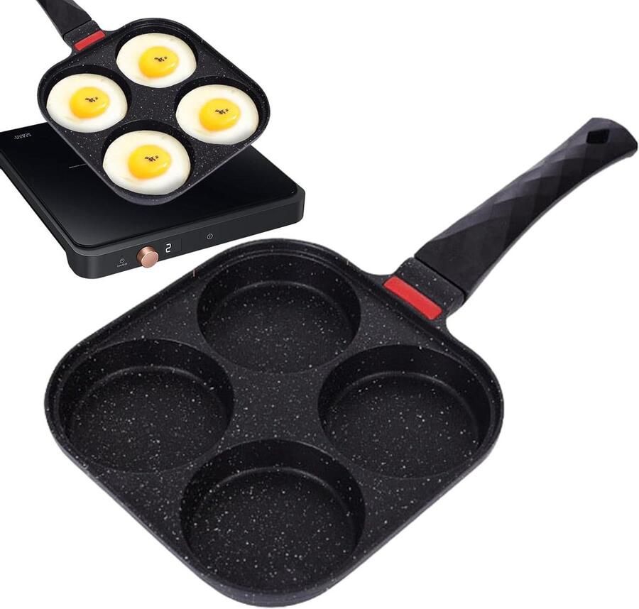 Pannenkoekenpan met 4 Holtes Omelet Pan Ontbijt Maken Antiaanbaklaag 19 cm Zwart