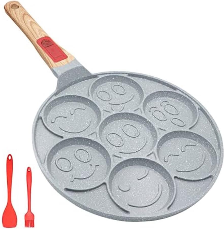 Pannenkoekenpan met 7 gaten Smiley gezicht bakplaat Ontbijt maken Afneembaar handvat 2667 cm Blauw