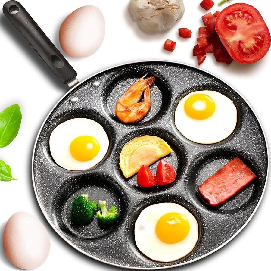 Pannenkoekenpan met 7 holtes Spiegeleipan Eierpan Ontbijt Bereiden Antiaanbaklaag 30 cm Zwart