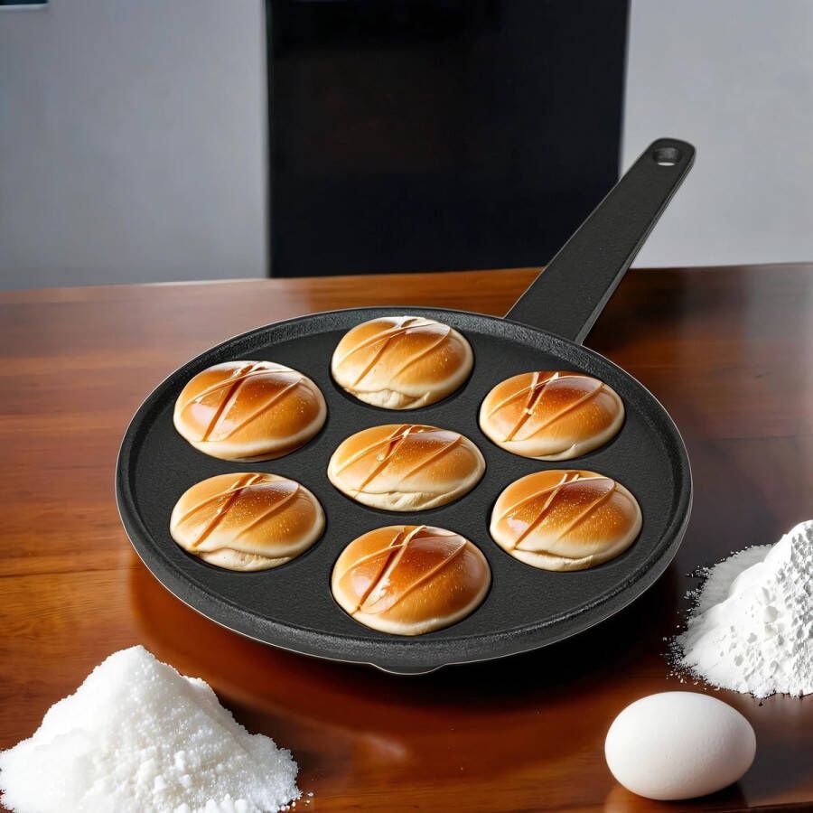 Pannenkoekenpan met 7 Wells Multifunctionele Gietijzeren Pan voor Pannenkoeken Takoyaki en Poffertjes Geschikt voor Inductie