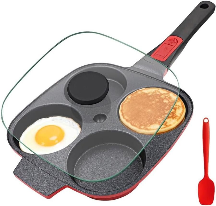 Pannenkoekenpan met Afneembaar Handvat Zwart Inductie Omeletpan met 4 Compartimenten Antiaanbaklaag Voor Koken en Bakken