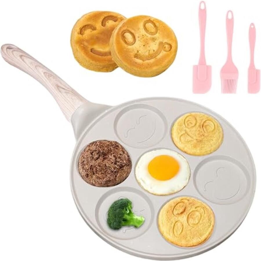 Pannenkoekenpan met antiaanbaklaag 26 cm 7 smiley-vormige gaten crêpepan voor gas en keramisch fornuis inclusief penseel spatel en schraper