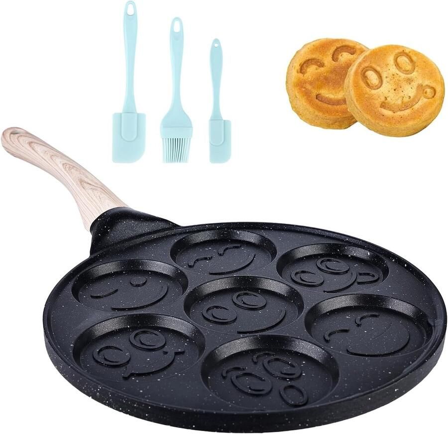 Pannenkoekenpan met antiaanbaklaag van 26 cm: pannenkoekenpan met zeven gaten en smiley-gezichten pannenkoekenpan voor gas gebakken eierpan voor omeletten hamburgers alleen open vuur gebruiken