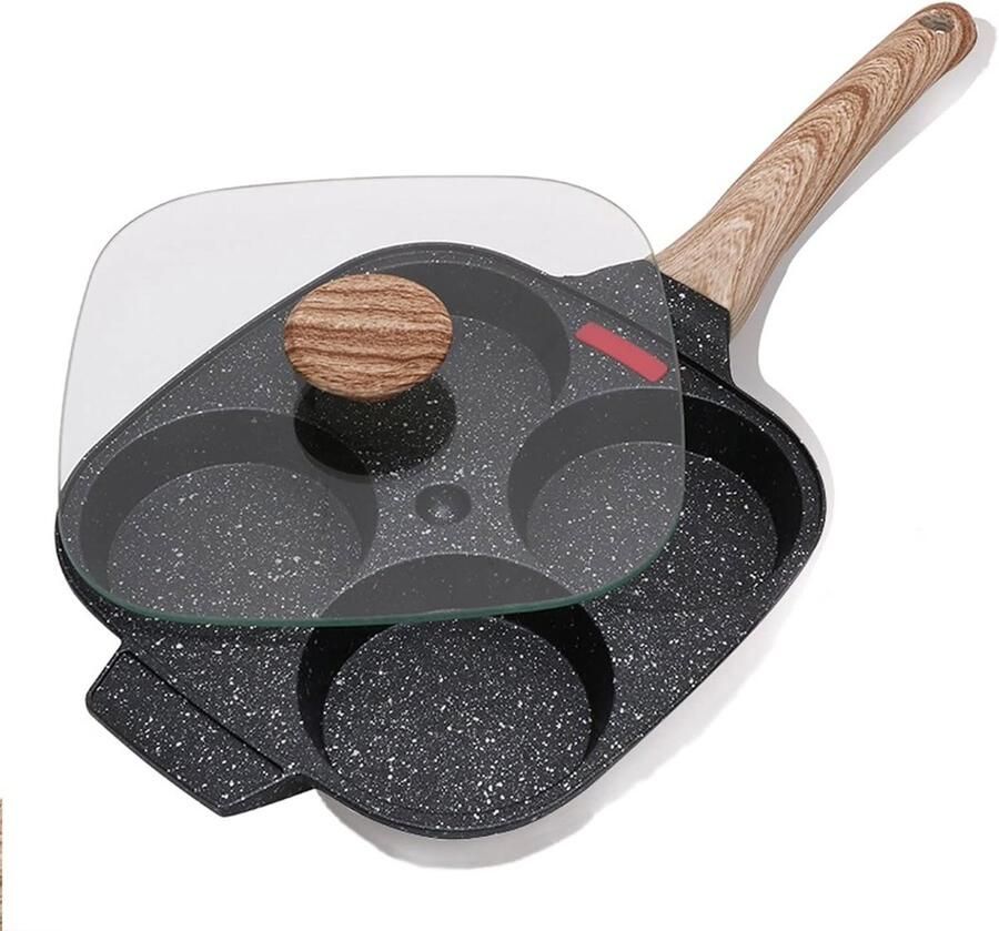 Pannenkoekenpan met deksel 4-gats koekenpan Ontbijt bereiden Intelligente temperatuurregeling 42x21cm Zwart