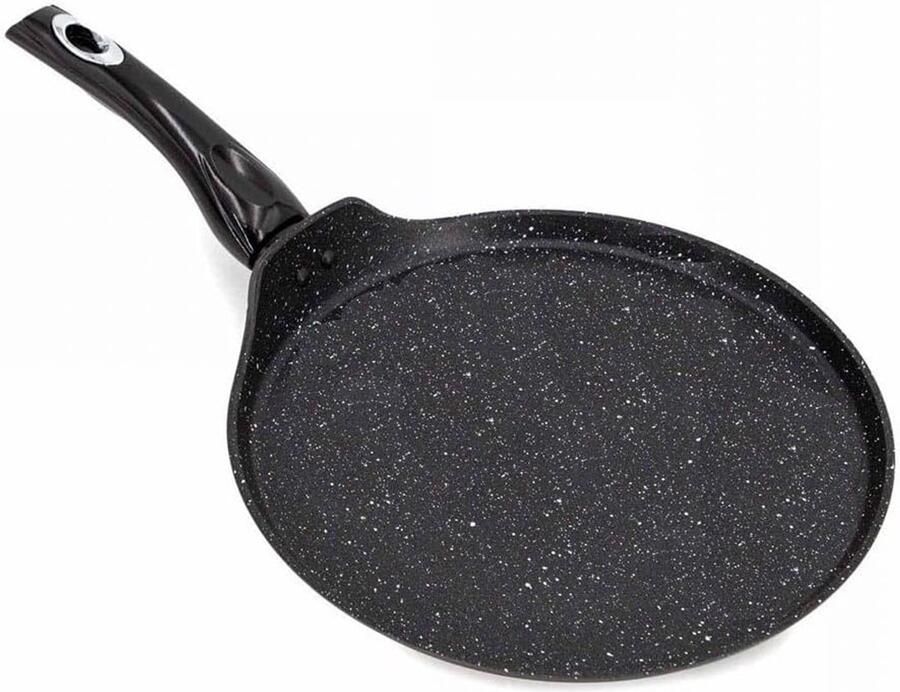 Pannenkoekenpan met drielaagse marmercoating met antiaanbaklaag diameter 28 cm constructie van gegoten aluminium geschikt voor inductie ergonomische siliconen handgreep zwart
