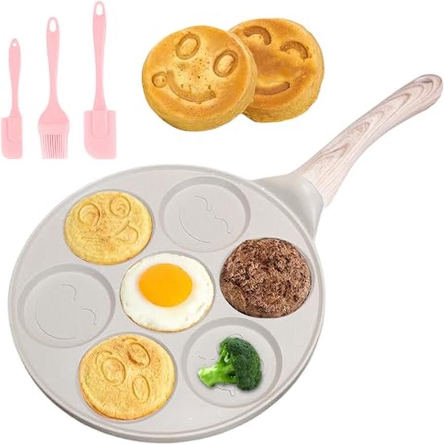 Pannenkoekenpan met gaten Crêpe maker Ontbijt maken Zeven smiley gezichten 26 cm Zwart