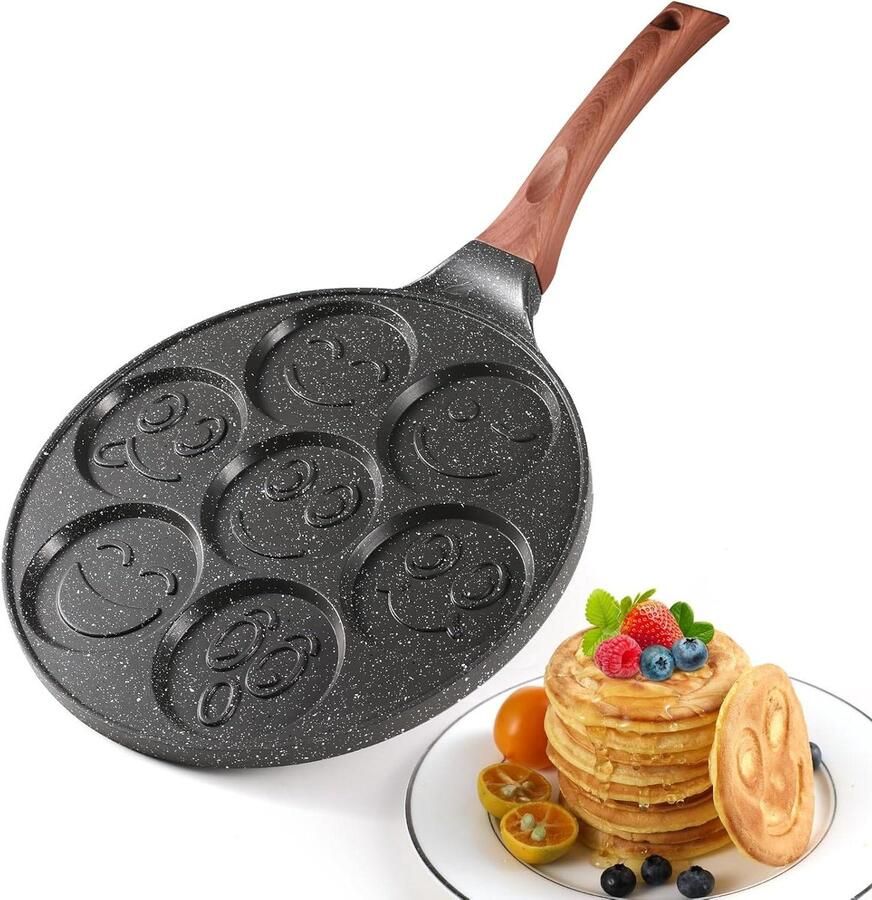 Pannenkoekenpan Smiley Gezicht Crêpepan Mini Maker Leuke Ontbijtjes Maken 7 Holtes Anti-aanbak 27 cm Zwart