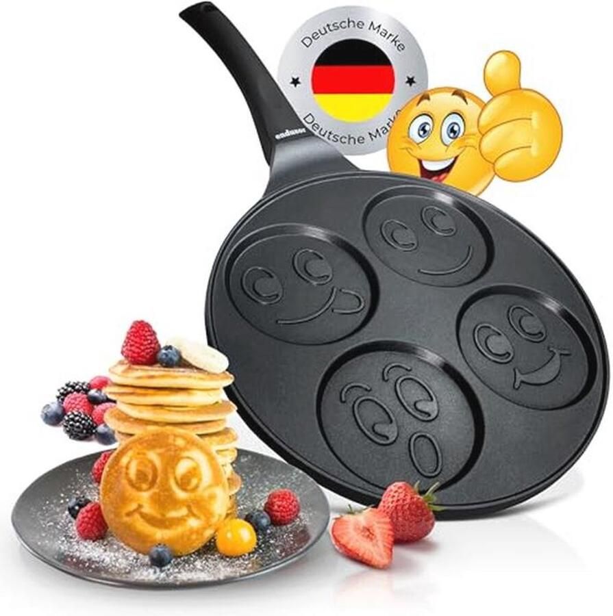 Pannenkoekenpan met Smiley Motief Diameter 26 cm 4 Mini Vormpjes voor Eieren en Pannenkoeken