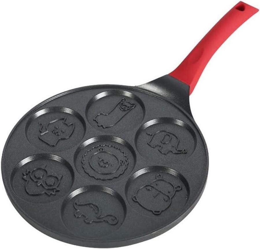 Pannenkoekenpan met Vormen Wafelijzer Bakplaat Leuke Ontbijtjes Maken 7 Dieren Vormen Tegelijk 26 cm Diameter Rood