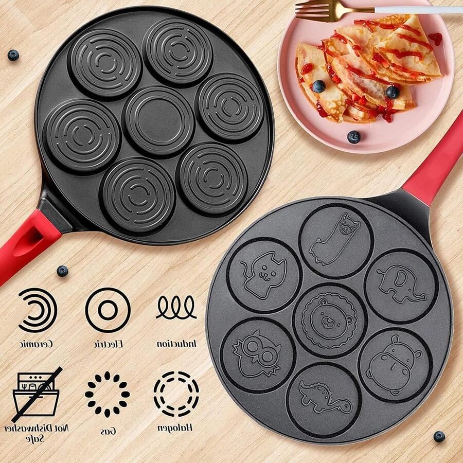 Pannenkoekenpan met 7 holtes Mini pannenkoekvorm Ontbijt maken Antiaanbaklaag van steenkwaliteit 26.5 cm diameter Zwart