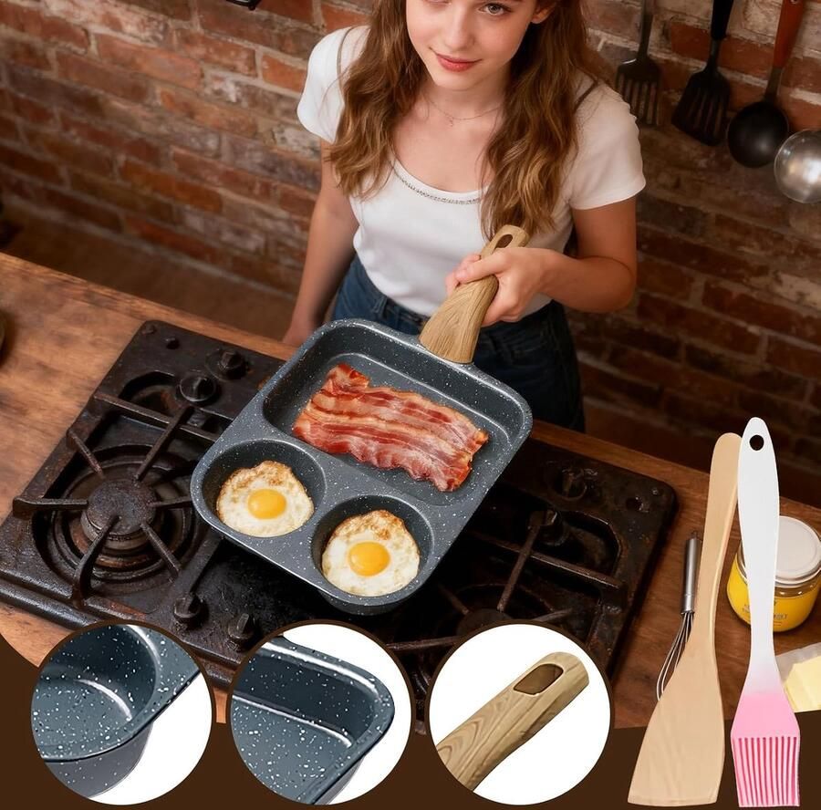 Pannenkoekenpan Ontbijtpan Ontbijt Maken Drie Vakken 39x19x9cm Zwart