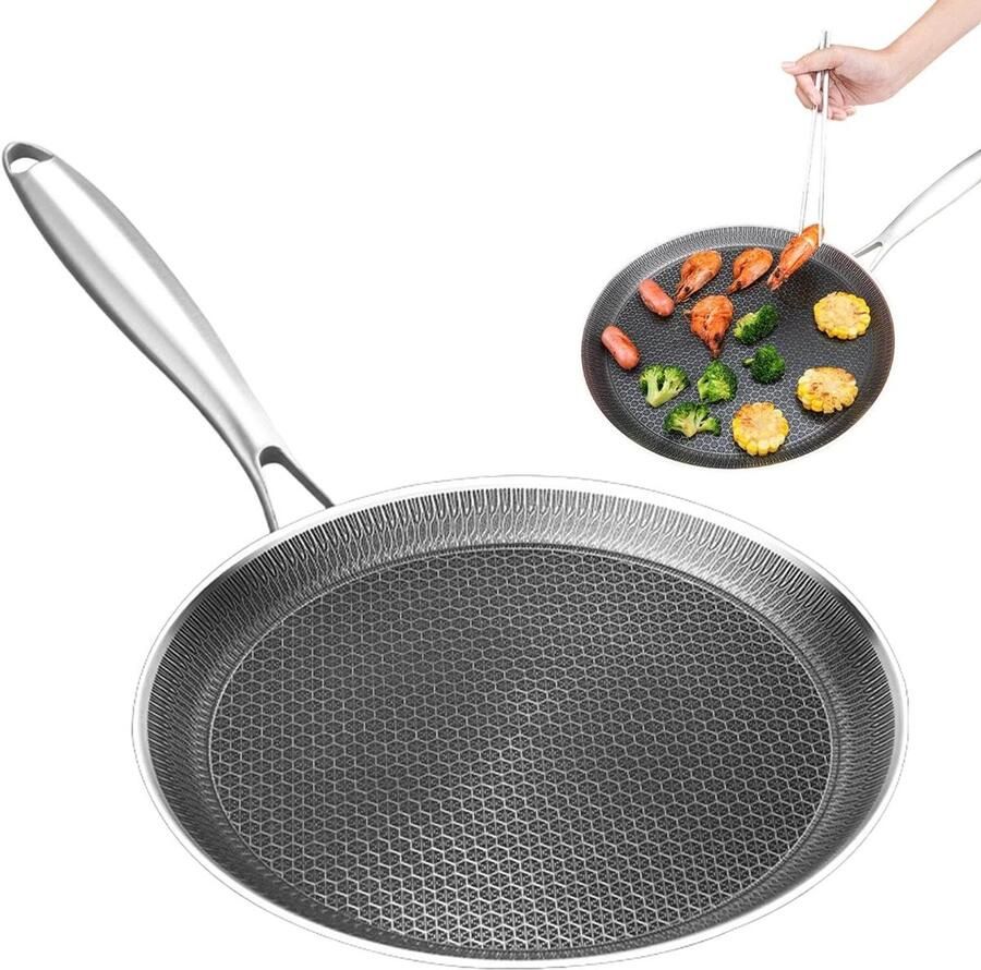 Pannenkoekenpan Roestvrij Staal Grill Pan Platte Lichte Pannenkoeken Bakken Gelijkmatige Deegverdeling 24 cm Zilver