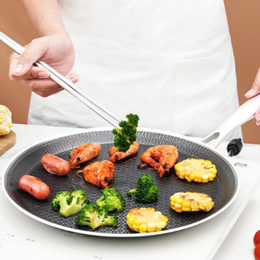 Pannenkoekenpan Roestvrij Staal Grillpan Platte Pan Ontbijt Bakken Anti-aanbaklaag Honingraat 24 cm Zilver