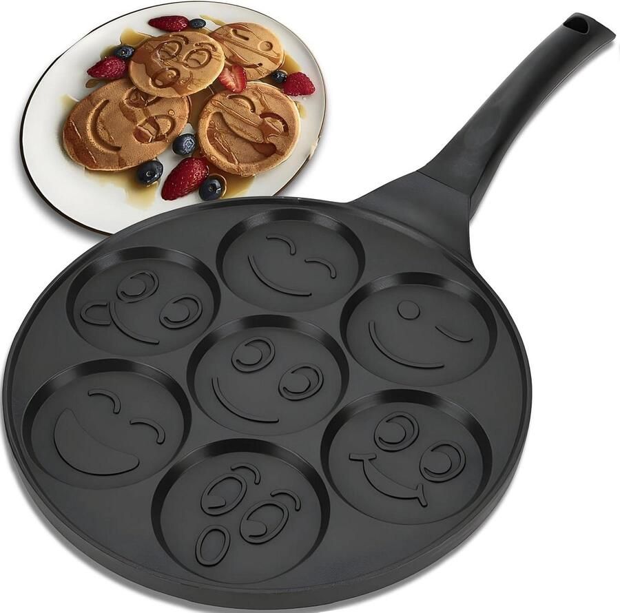 Pannenkoekenpan Smiley Eierpan Koekenpan Ontbijt Bakken 7 Holtes Smiley Ø 26.5 cm Zwart