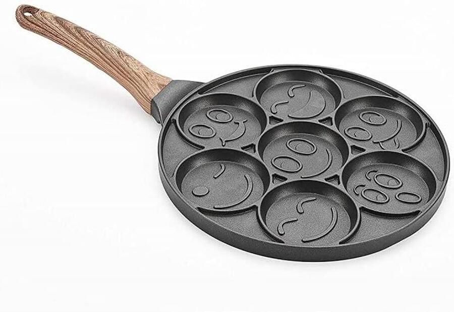 Pannenkoekenpan Smiley Flapjack Bakplaat Ontbijt Maken 7 Gezichten Tegelijk 47x26.5 cm Zwart