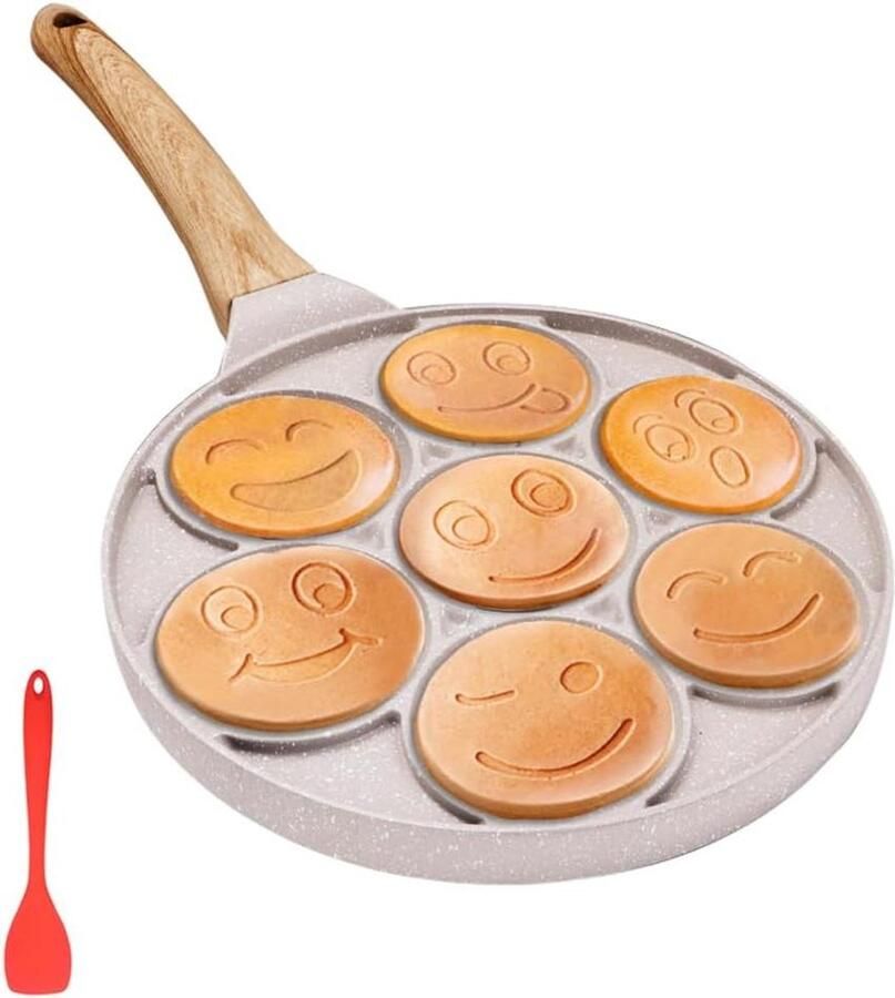Pannenkoekenpan met gezichtjes Mini pannenkoeken maker Ontbijt maken Antiaanbaklaag 7 gaten 26 cm Wit