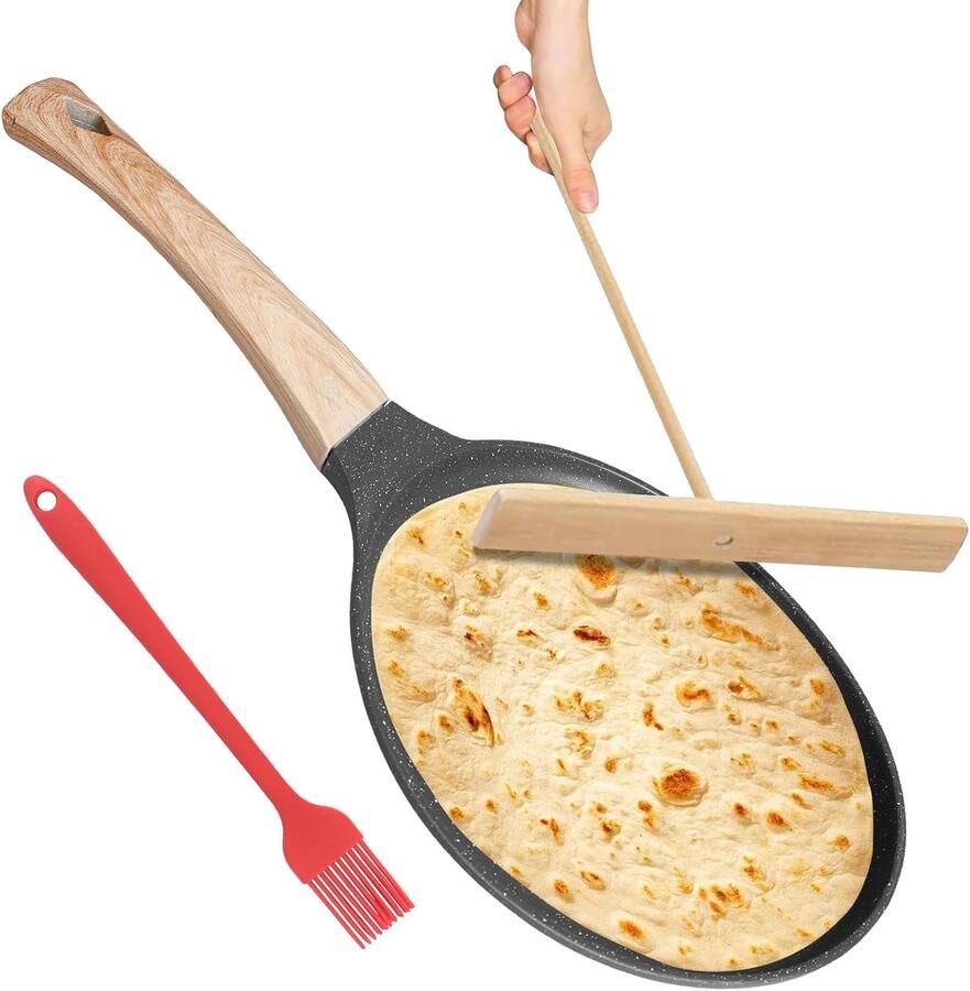 Pannenkoekenpan Van 20 Cm Crêpepan Inductie Anti-Aanbak En Krasbestendige Pannenkoekenpan Met Deegverdeler En Houten Schep Platte Pan Pizza Braadpan Voor Fornuizen