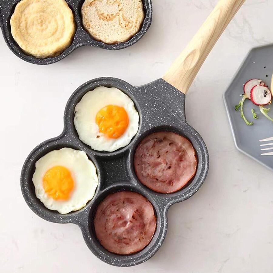 Pannenkoekenpan Vier Gaten Omelet Pan Ontbijt Maken Antiaanbaklaag 4 Compartimenten Zwart