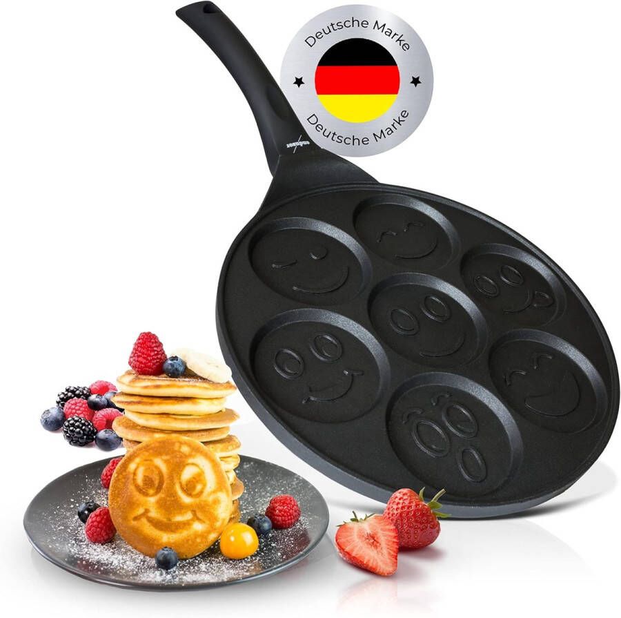 Pannenkoekenpan voor Kinderen met Smiley Motief Ø 26 cm Inductie Ceran Gas Elektrisch Inclusief Mini Vormmaker voor Spiegelei en Poffertjes