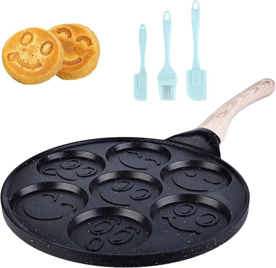 Pannenkoekenpan Zeven Gaten Omelet Pan Ontbijt Maken Vrolijke Smiley Vormen 26 cm Diameter Zwart