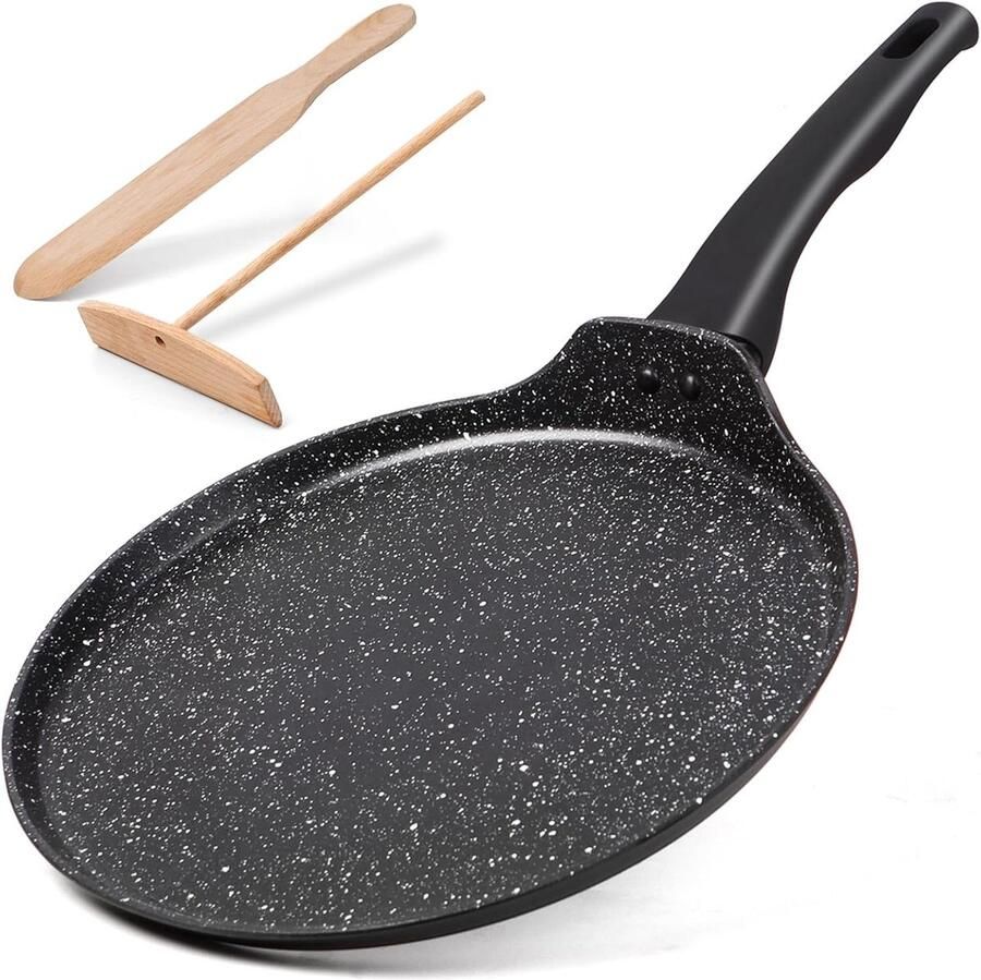 Pannenkoekenpan Zwart 28 cm Antiaanbakpan met Deegverdeler en Houten Schep Voor Platte Pannenkoeken