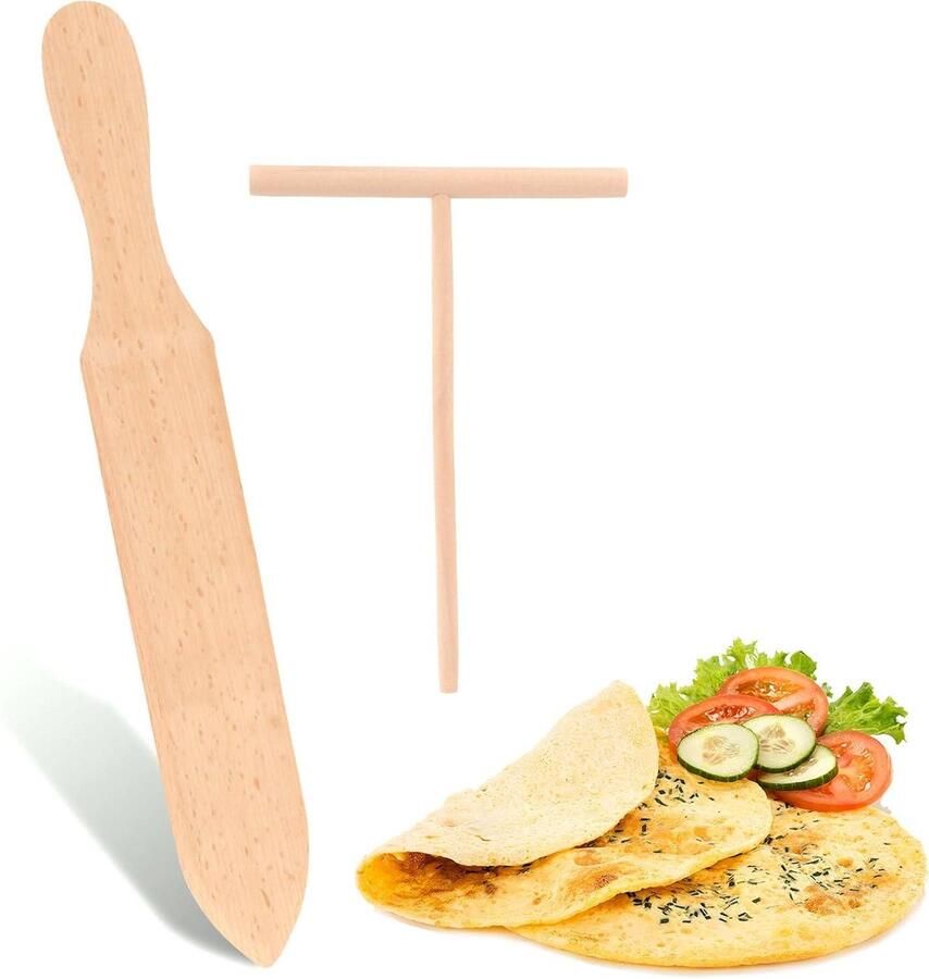 Pannenkoekenset Crêpe Gereedschap Maak Perfecte Pannenkoeken Natuurlijk Bamboe Materiaal 2 Delig Beige