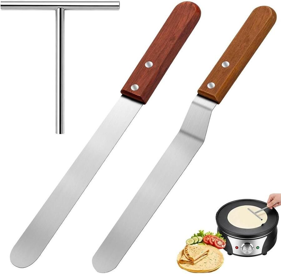 Pannenkoekenset Crêpe spatels Bakken en verdelen Ergonomische houten handgrepen 32 cm lang Zilver
