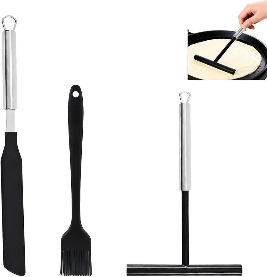 Pannenkoekenverdeler en Spatel Deegverdeler Bakgereedschap Pannenkoeken Maken Roestvrij Staal Siliconen 1 Set Zilver
