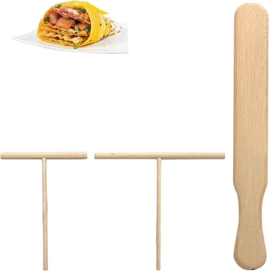 Pannenkoekenverdeler Set Deegspatel Bakgerei Pannenkoeken Bakken Natuurlijk Beukenhout 3 Delig Houtkleur