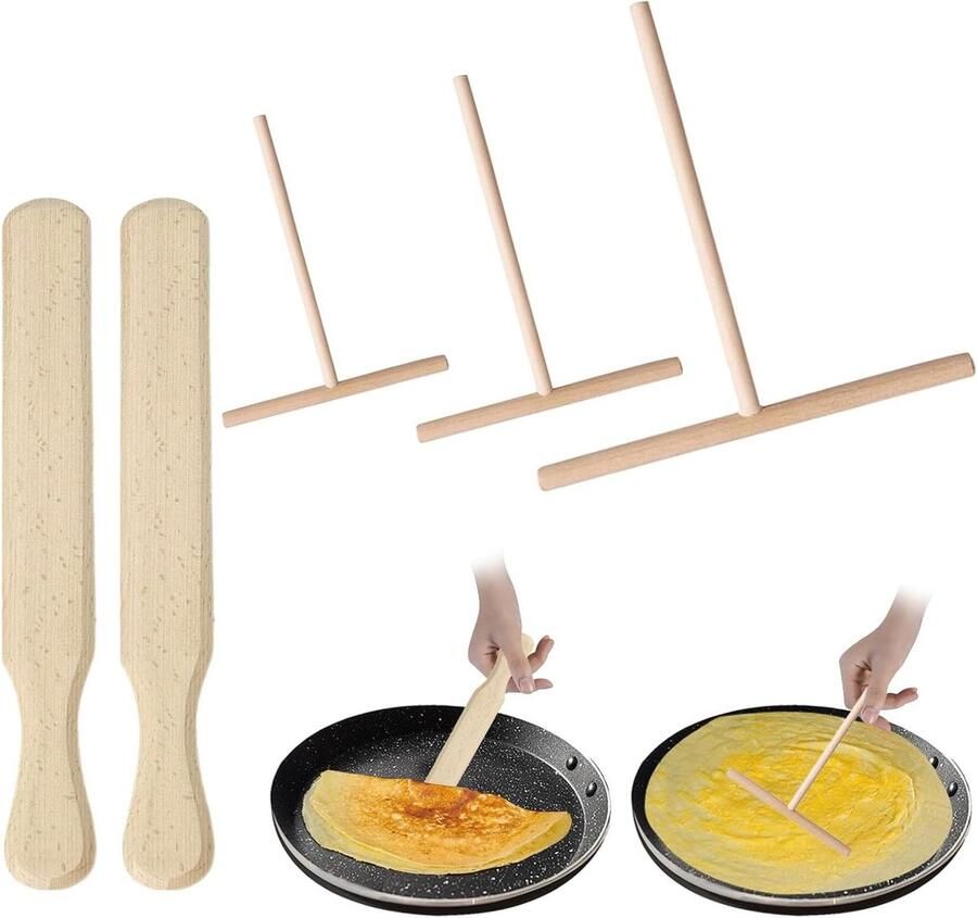 Pannenkoekenverdeler Set Deegspreider Spatel Bakken en Koken Gemaakt van Beukenhout 3 Maten 9-18cm Houtkleur