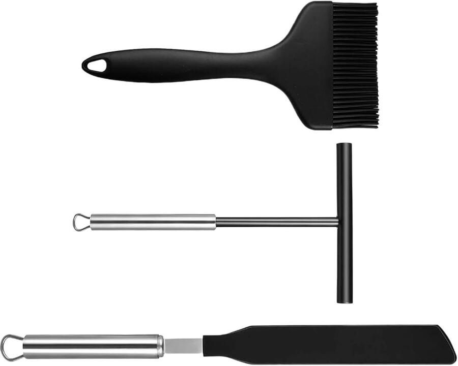 Pannenkoek Spatel Set Crêpe Schraper Beslagspreider Bakken en Braden Ergonomische Grip Flexibele Borstel 21x9cm 34x3cm Zwart