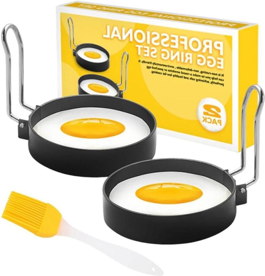 Pannenkoekvorm 2 stuks Eierring set Ontbijt maken Inklapbaar handvat 7.5 cm diameter Zilverkleurig