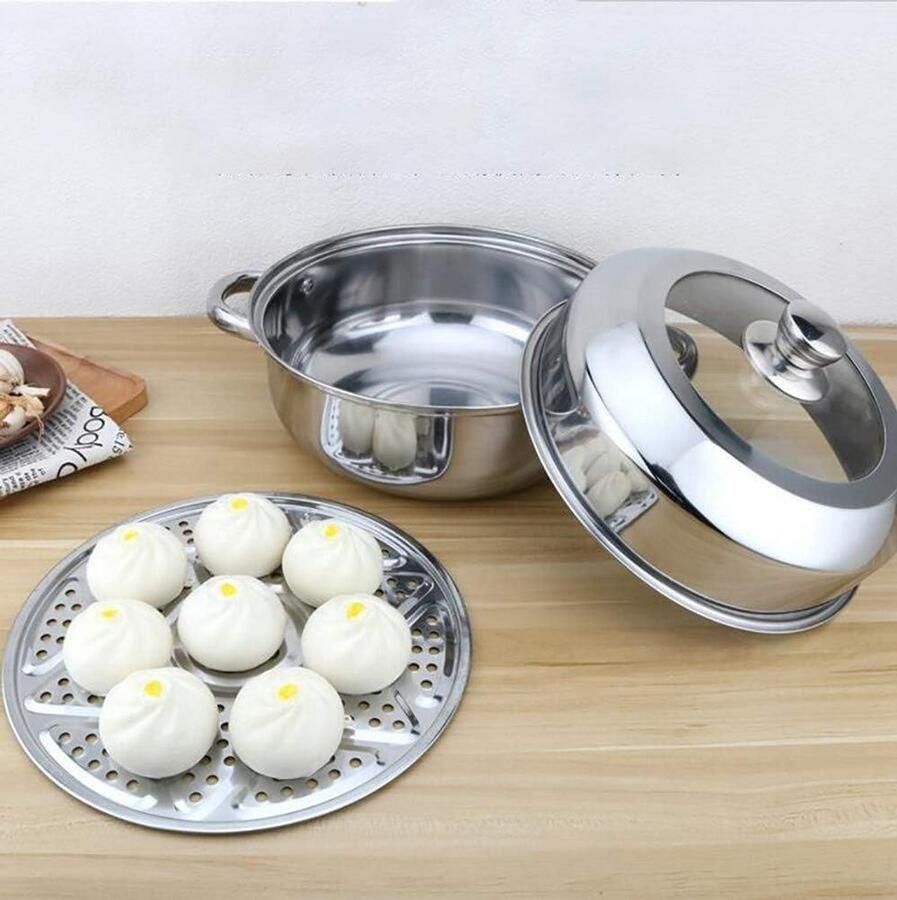Pannenset Stoomkoker Stoompan Roestvrijstaal Gezond Koken Universeel Geschikt Kookplaten 28 cm Zilver
