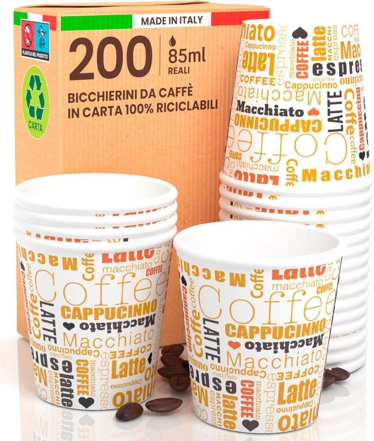 Papieren Koffiebekers Kleine Wegwerpbekers Espresso Drinken Gemaakt in Italië 200 Stuks Wit