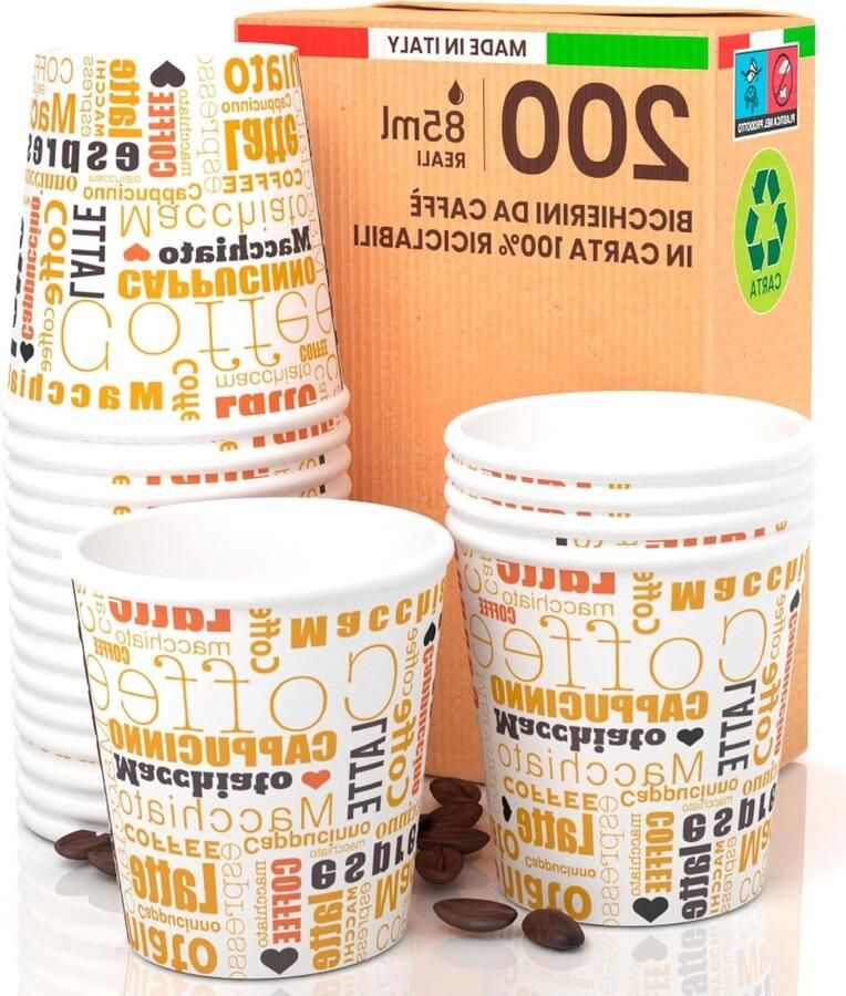 Papieren Koffiebekers Wegwerp Bekers Espresso Drinken Gemaakt in Italië 85 ml 200 Stuks Wit